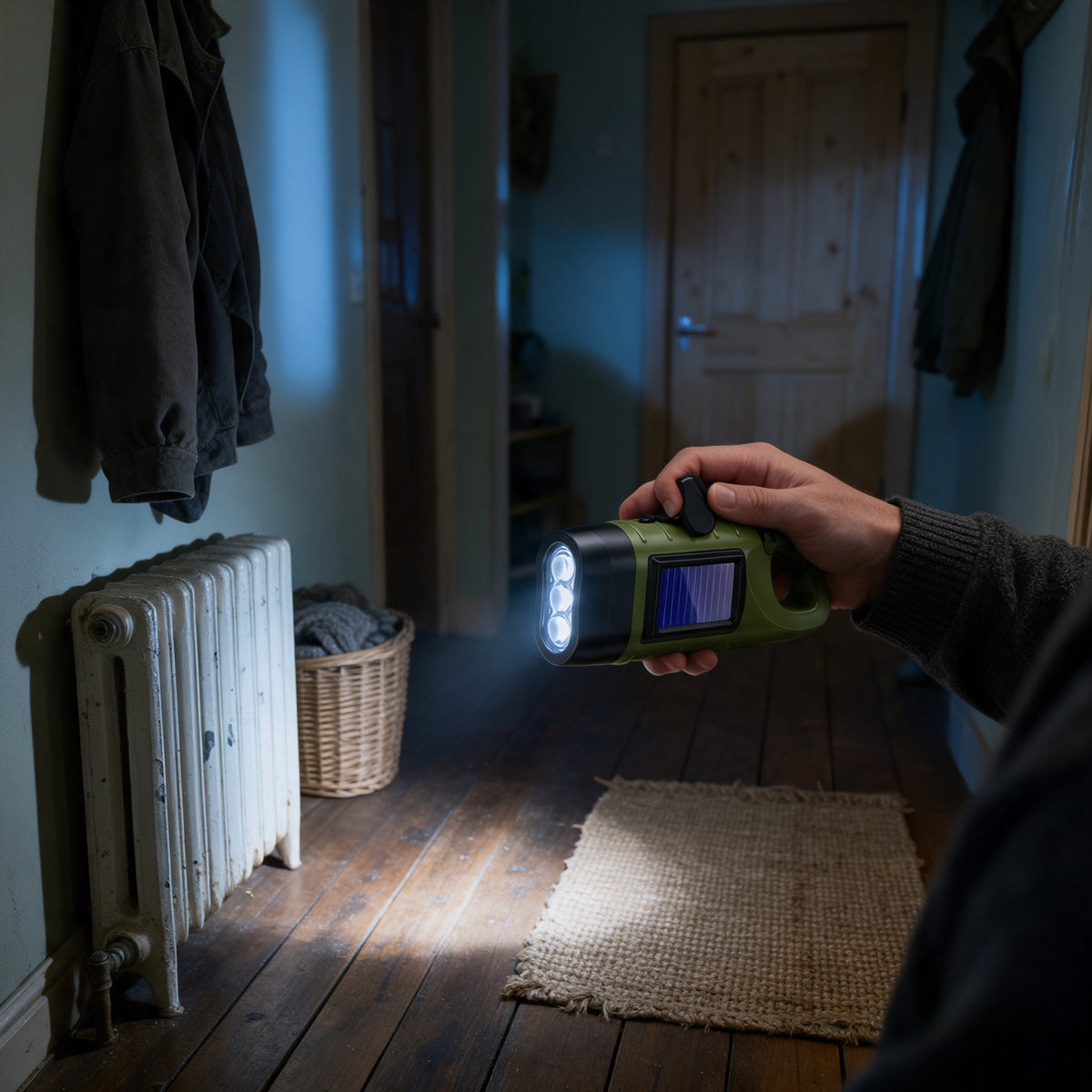 Hand Crank Solar Flashlight, in use