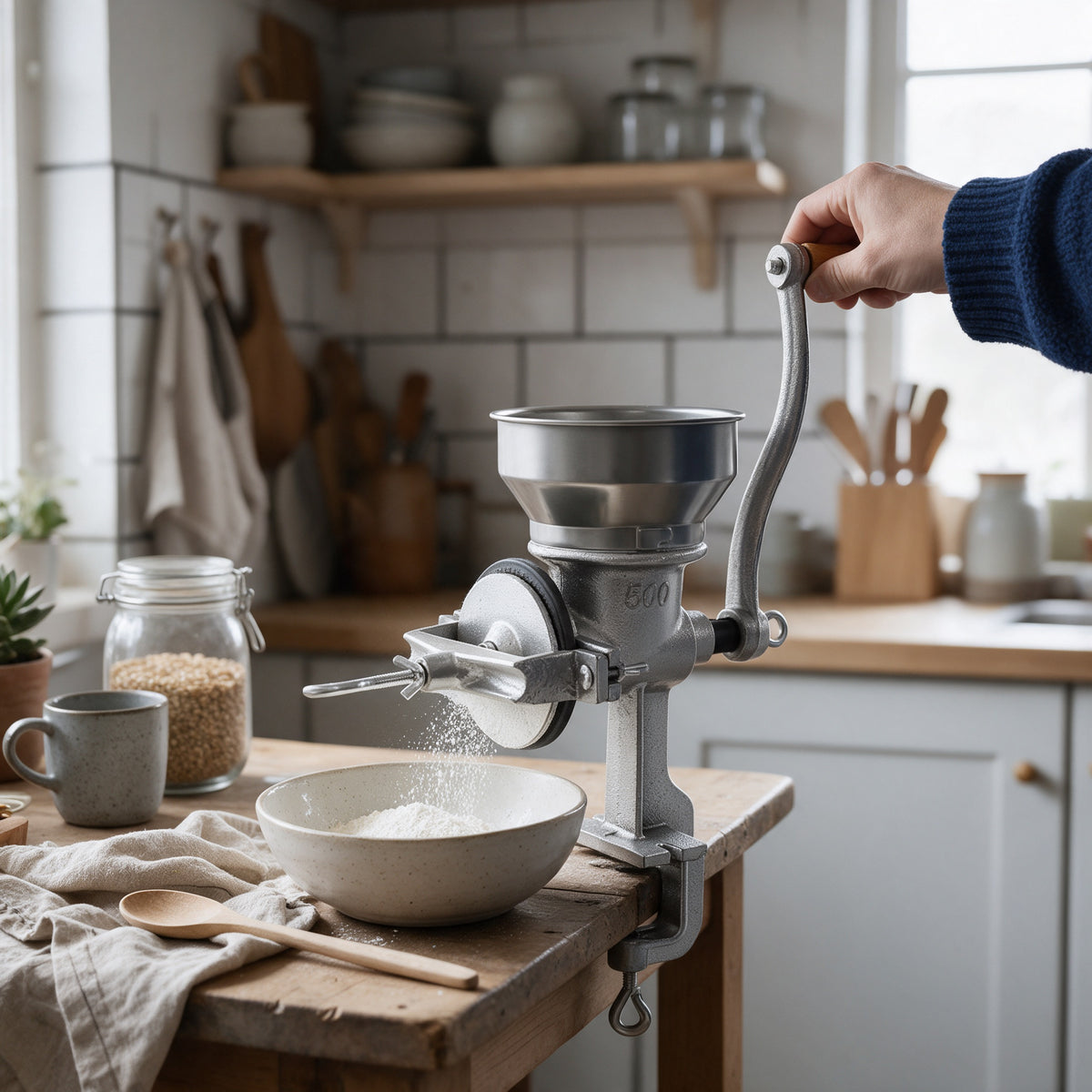 Cast-Iron Hand Grain Mill, in use