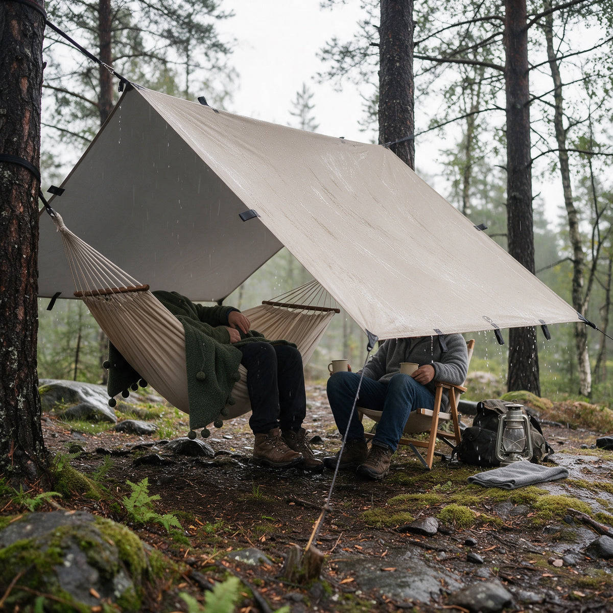 Waterproof Camping Tarp, 19 Hang Points, in use