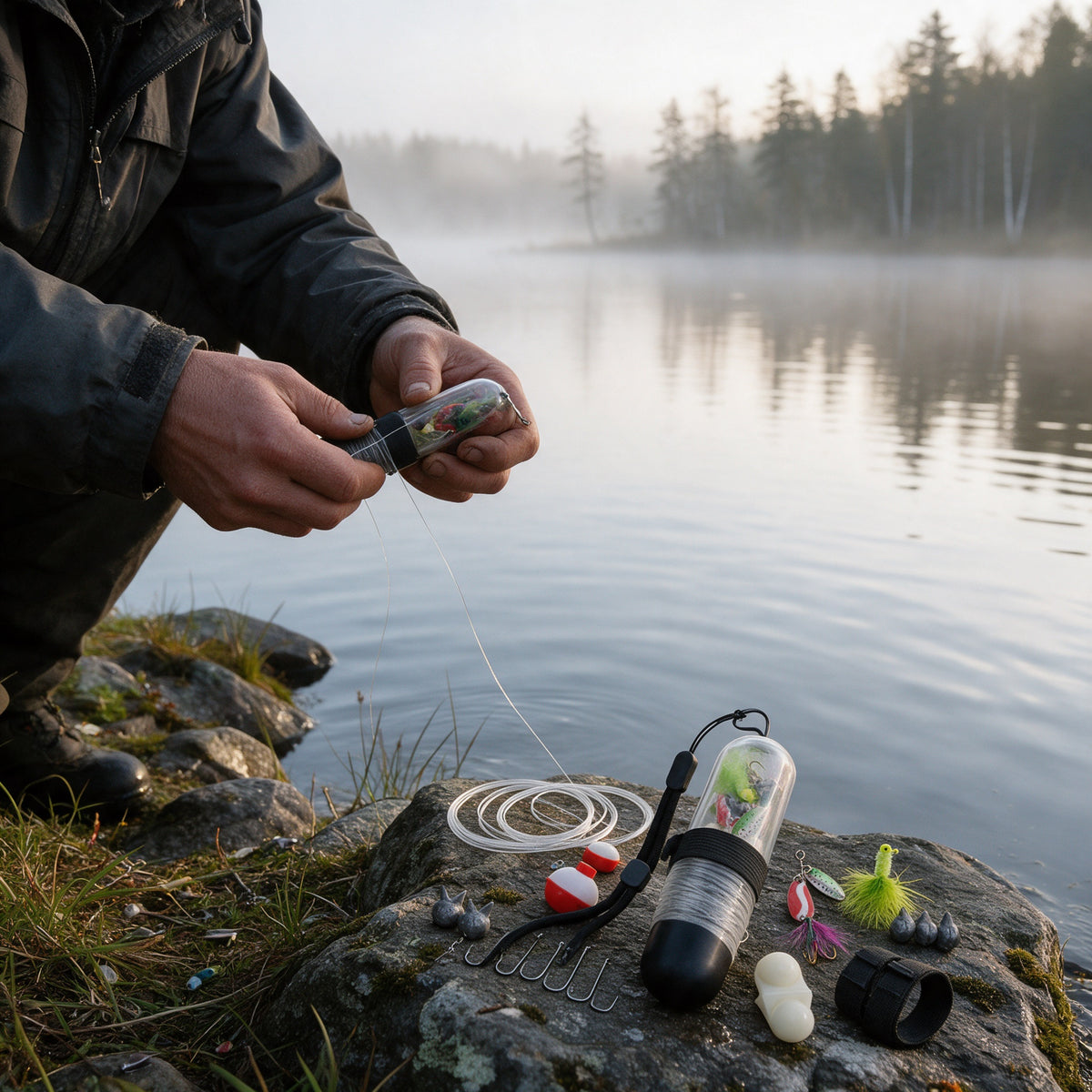 25-Piece Survival Fishing Kit with Pocket Reel, in use