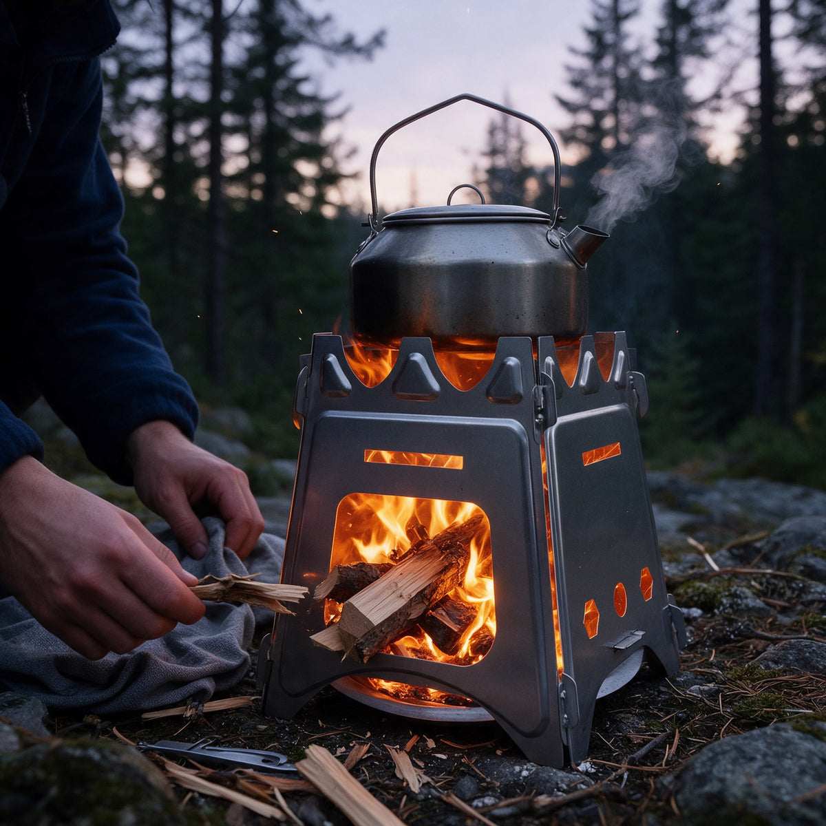 Folding Stainless Wood-Burning Camp Stove, in use