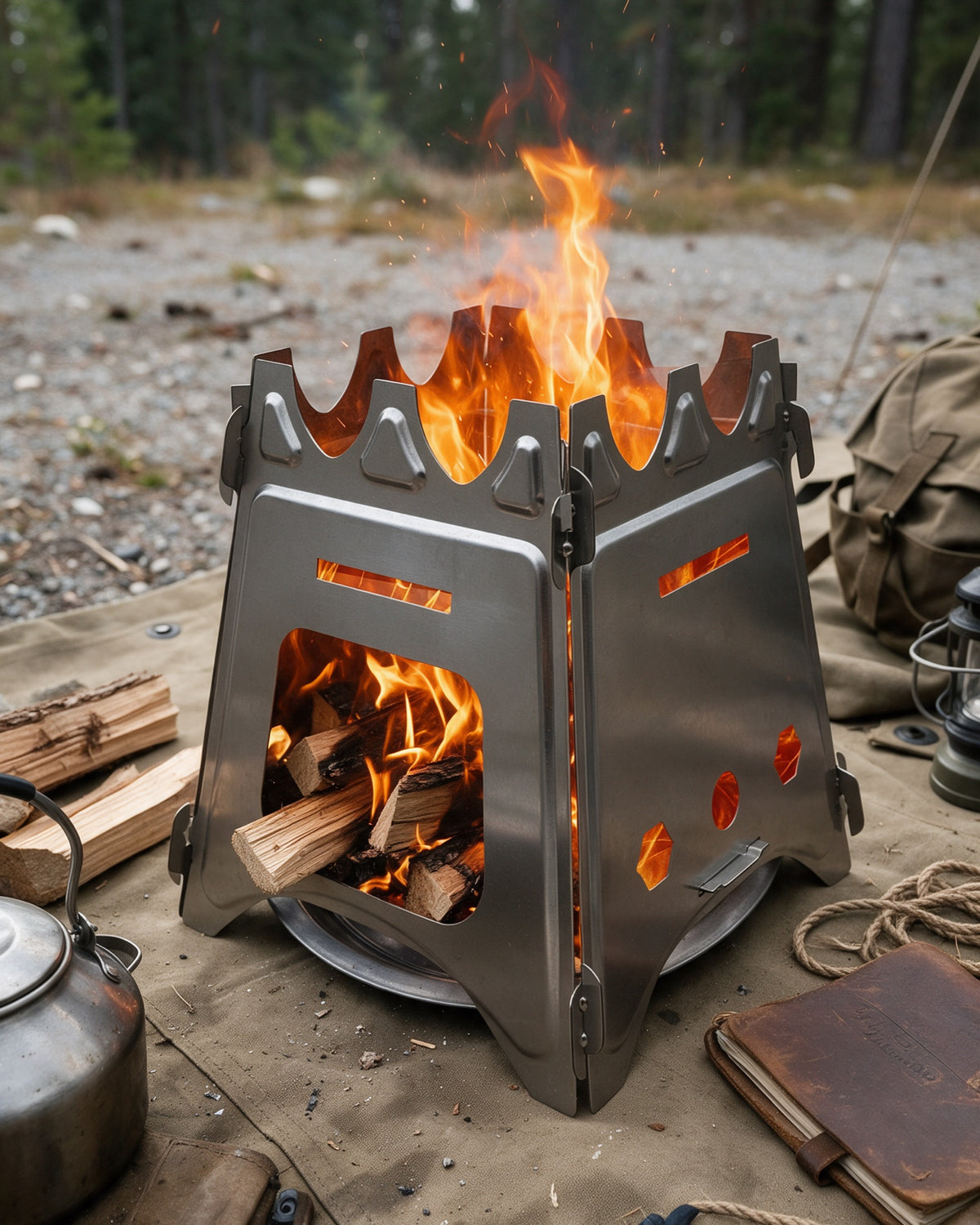 Folding Stainless Wood-Burning Camp Stove, details